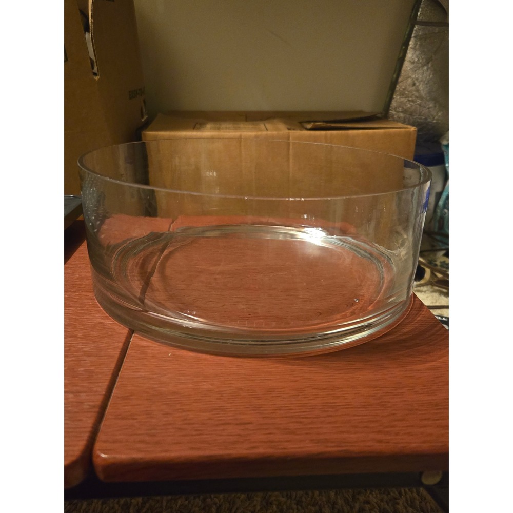 Clear Glass Cylinder Bowl Low Profile Round Centerpiece Vase Minimalist Decor